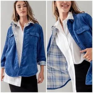 2 in 1 Royal Blue Corduroy Flannel Reversible Jacket