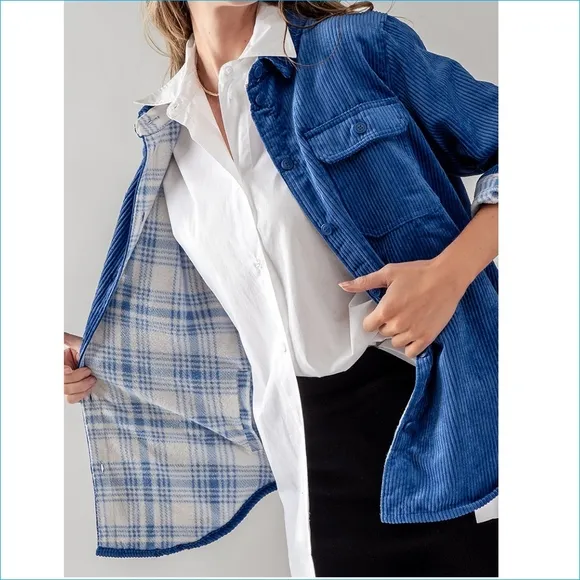 2 in 1 Royal Blue Corduroy Flannel Reversible Jacket