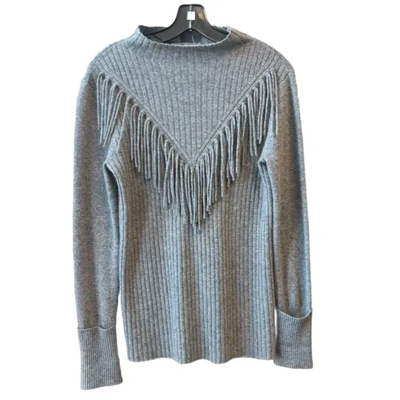 Aqua Cashmere 100% Cashmere triangle fringe mock neck sweater in grey, small