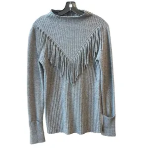 Aqua Cashmere 100% Cashmere triangle fringe mock neck sweater in grey, small