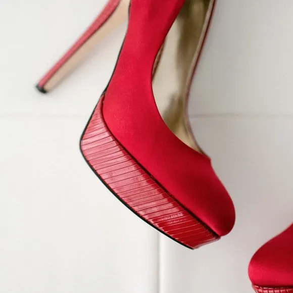 Bebe Red Satin Jeremy Platform Pumps 8.5 New in Box