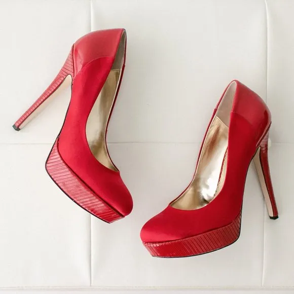 Bebe Red Satin Jeremy Platform Pumps 8.5 New in Box