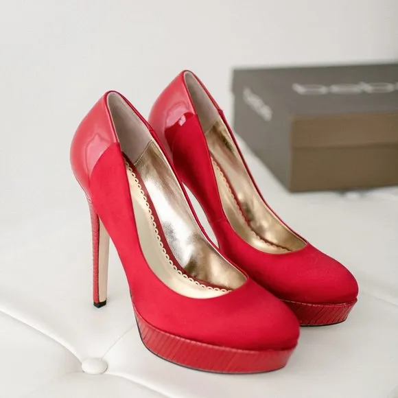 Bebe Red Satin Jeremy Platform Pumps 8.5 New in Box