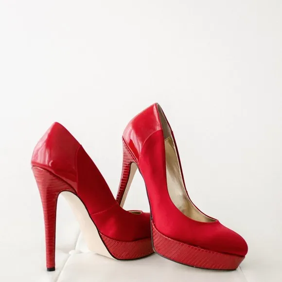 Bebe Red Satin Jeremy Platform Pumps 8.5 New in Box
