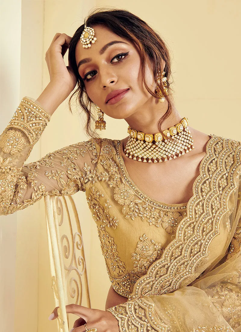 Beige Golden Pearl Embroidered Wedding Lehenga Choli