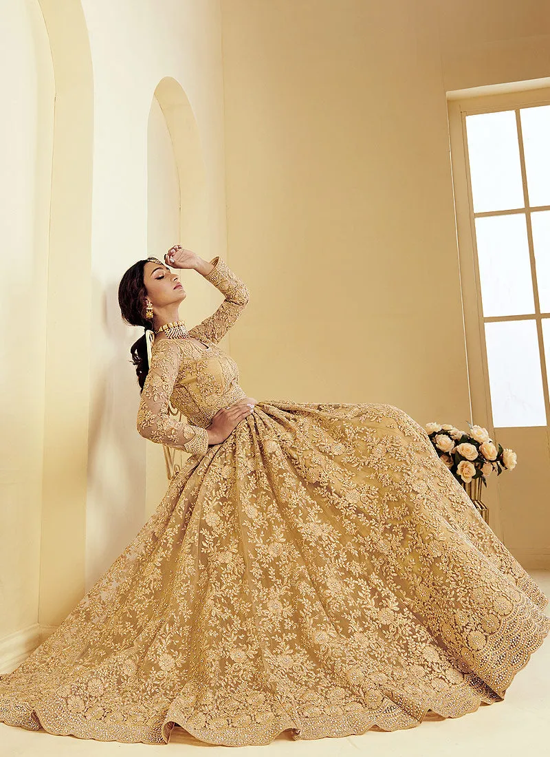 Beige Golden Pearl Embroidered Wedding Lehenga Choli