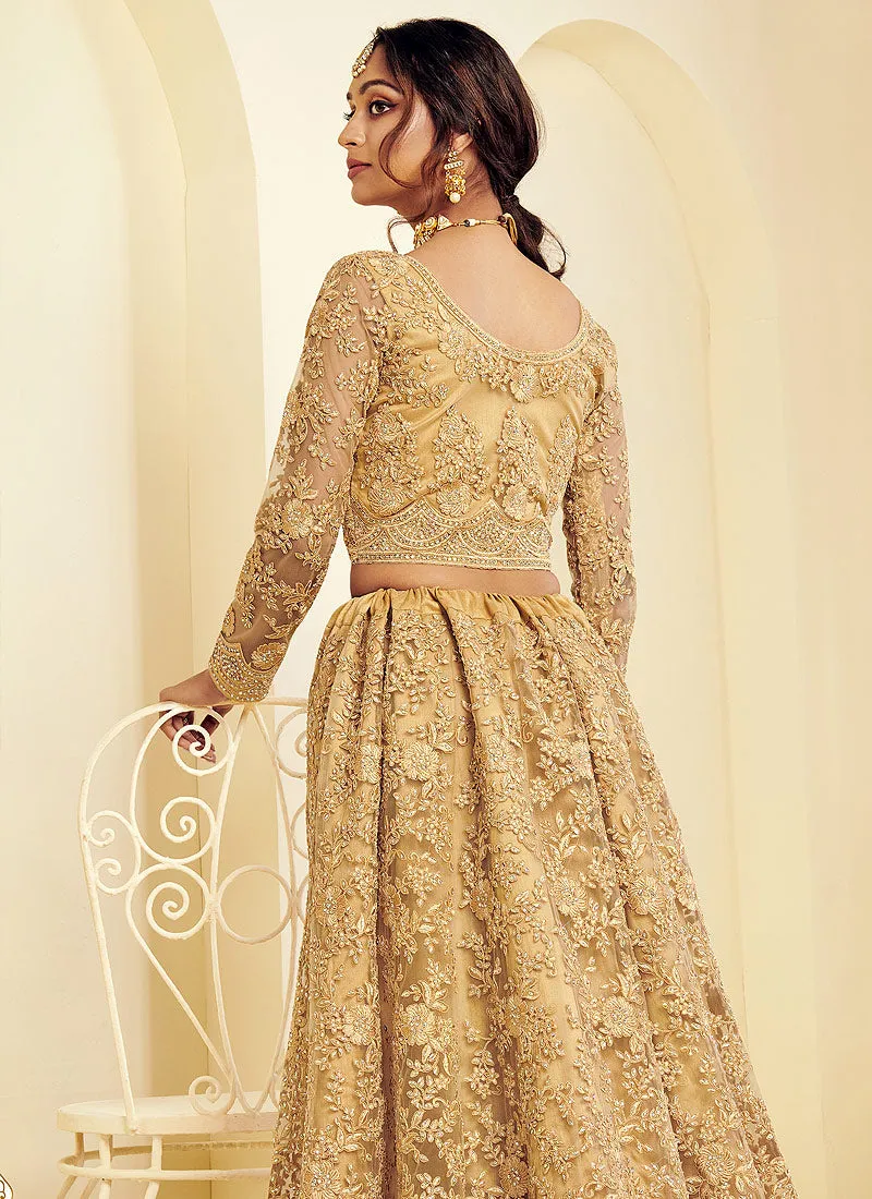 Beige Golden Pearl Embroidered Wedding Lehenga Choli