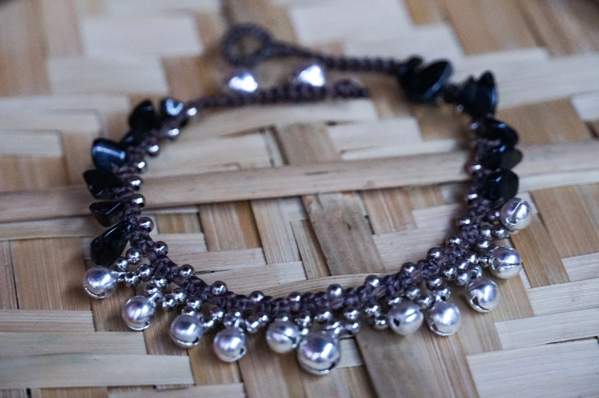 Black Onyx Stones Bell Boho Silver Anklet