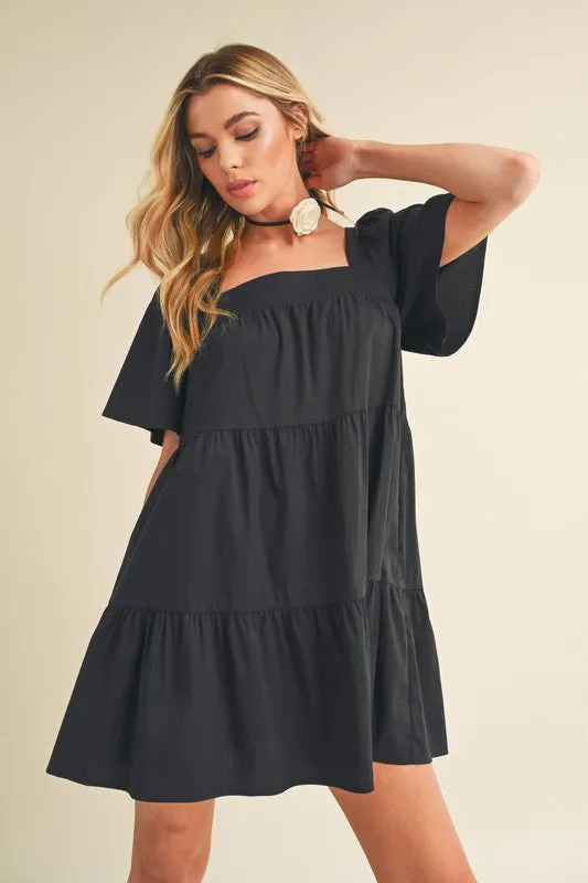 Black Square Neck Half Sleeve Tiered Dress