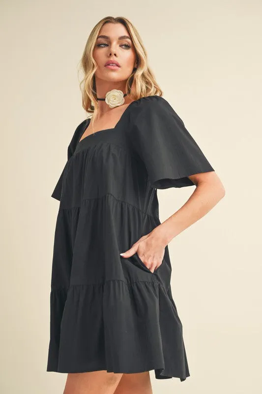 Black Square Neck Half Sleeve Tiered Dress