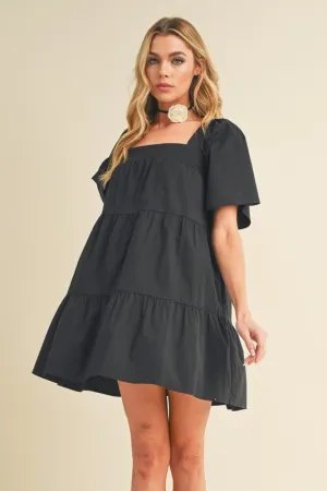 Black Square Neck Half Sleeve Tiered Dress