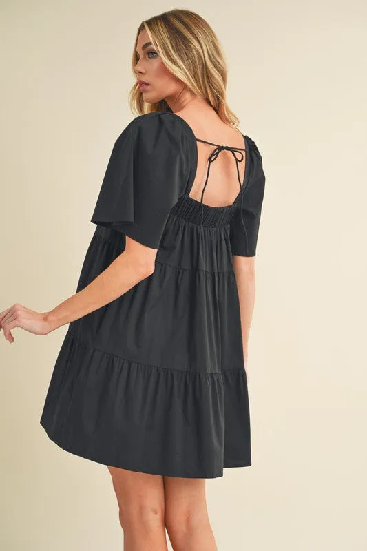 Black Square Neck Half Sleeve Tiered Dress