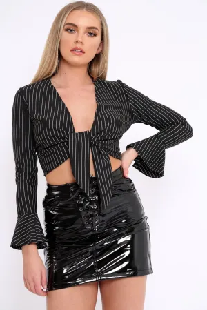 Black Striped Plunge Tie Front Flare Sleeve Crop Top - Aimi