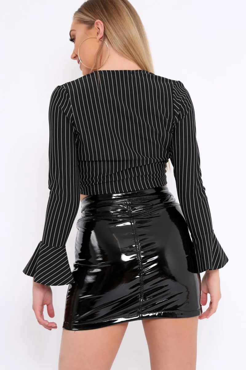Black Striped Plunge Tie Front Flare Sleeve Crop Top - Aimi