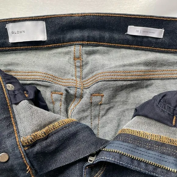 BLDWN Vented Skinny High Rise Side Slit Outer Ankle Flare Dark Blue Denim Jeans
