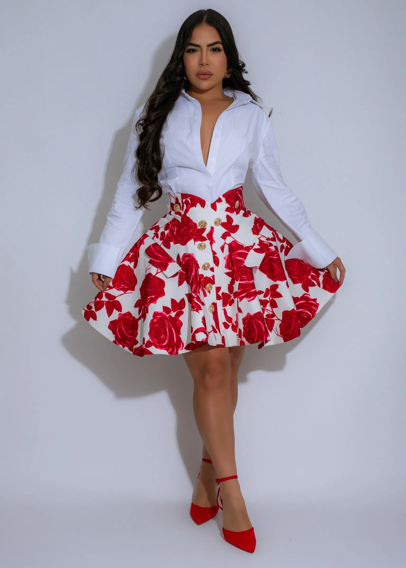 Blooming Rose Floral Skirt Set Red