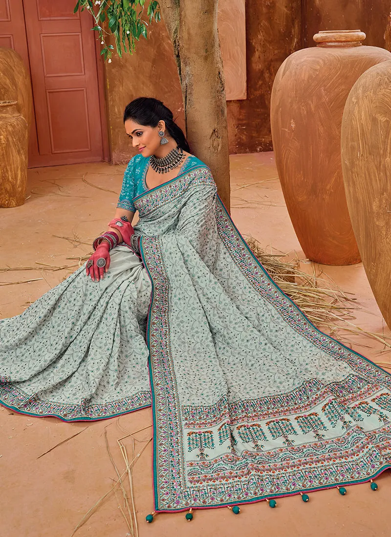 Blue Two Tone Multi Embroidery Traditional Silk Saree