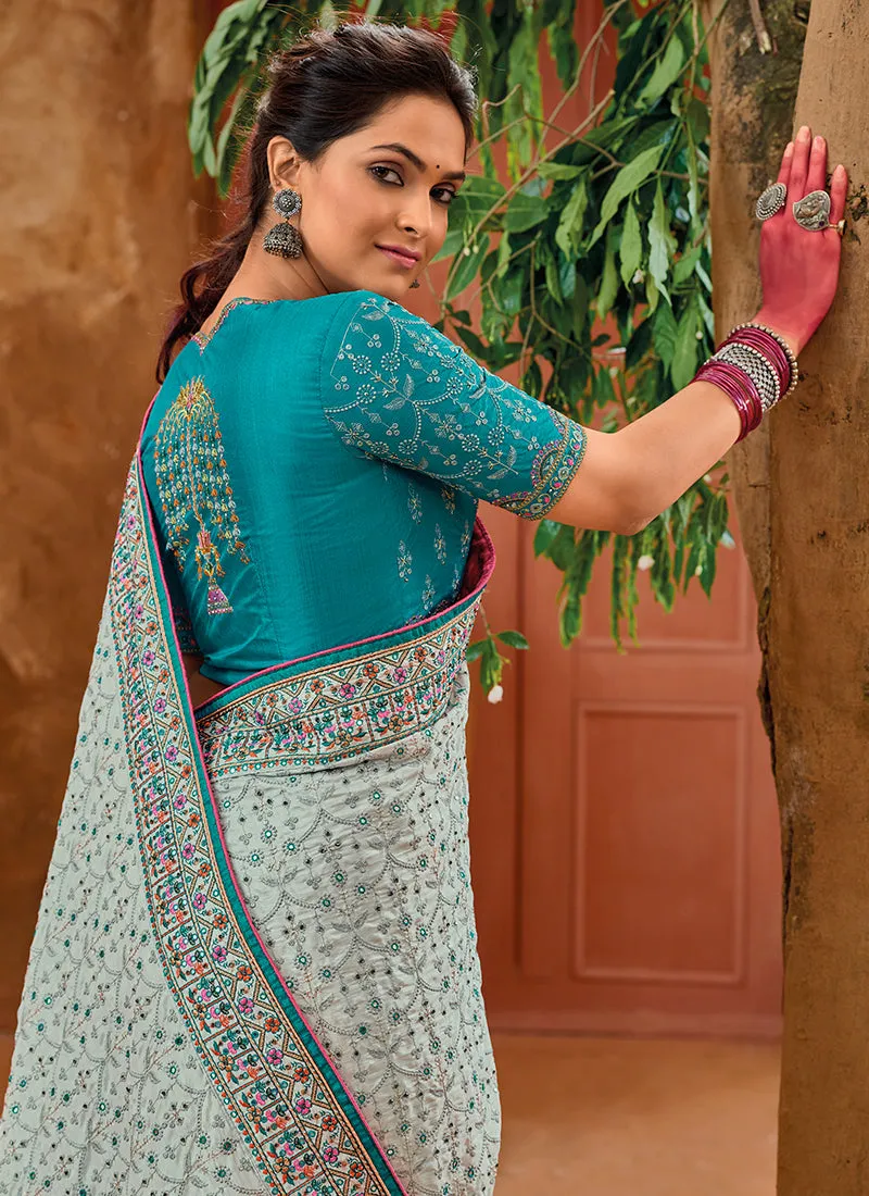 Blue Two Tone Multi Embroidery Traditional Silk Saree