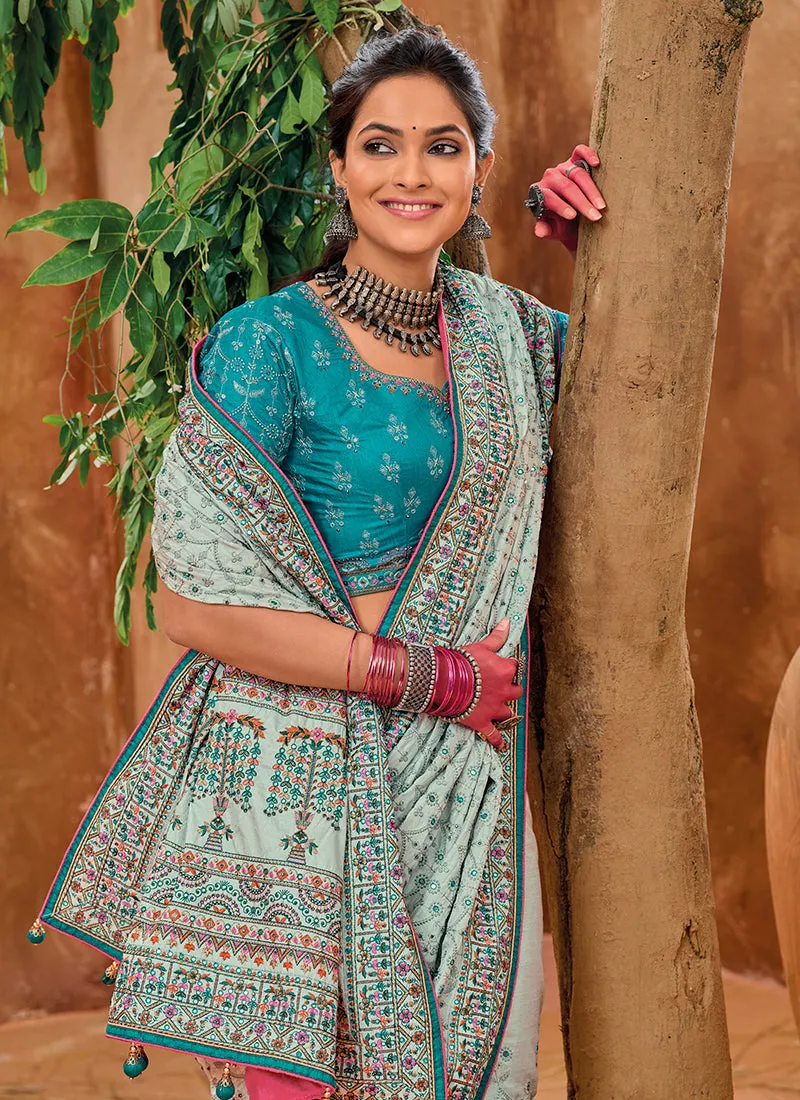 Blue Two Tone Multi Embroidery Traditional Silk Saree