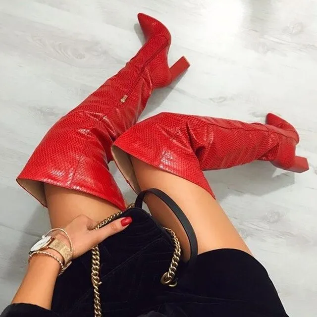 Burgundy Python Thigh High Heel Boots Chunky Heel Boots Side Zipper Pointed Toe Square Heels Long Boots Over The Knee Forked