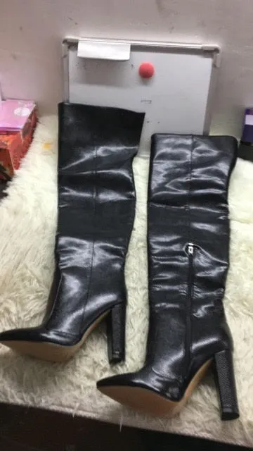 Burgundy Python Thigh High Heel Boots Chunky Heel Boots Side Zipper Pointed Toe Square Heels Long Boots Over The Knee Forked