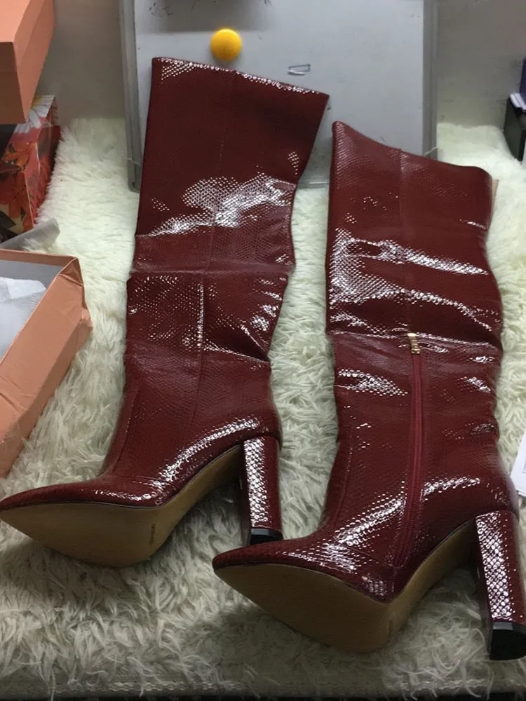 Burgundy Python Thigh High Heel Boots Chunky Heel Boots Side Zipper Pointed Toe Square Heels Long Boots Over The Knee Forked