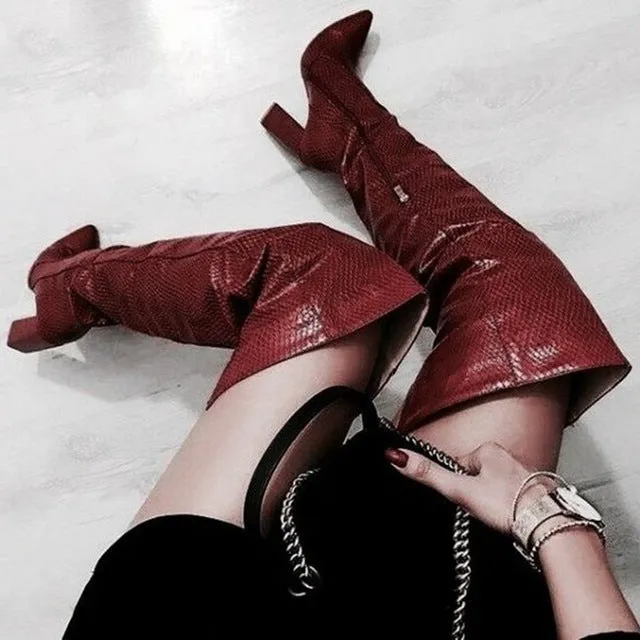 Burgundy Python Thigh High Heel Boots Chunky Heel Boots Side Zipper Pointed Toe Square Heels Long Boots Over The Knee Forked