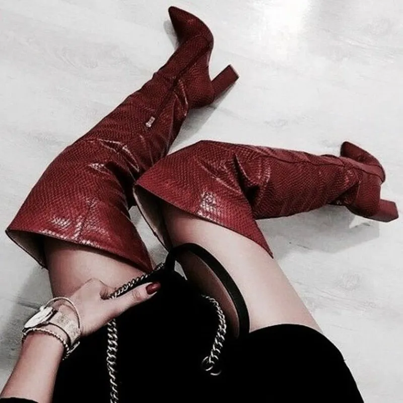 Burgundy Python Thigh High Heel Boots Chunky Heel Boots Side Zipper Pointed Toe Square Heels Long Boots Over The Knee Forked