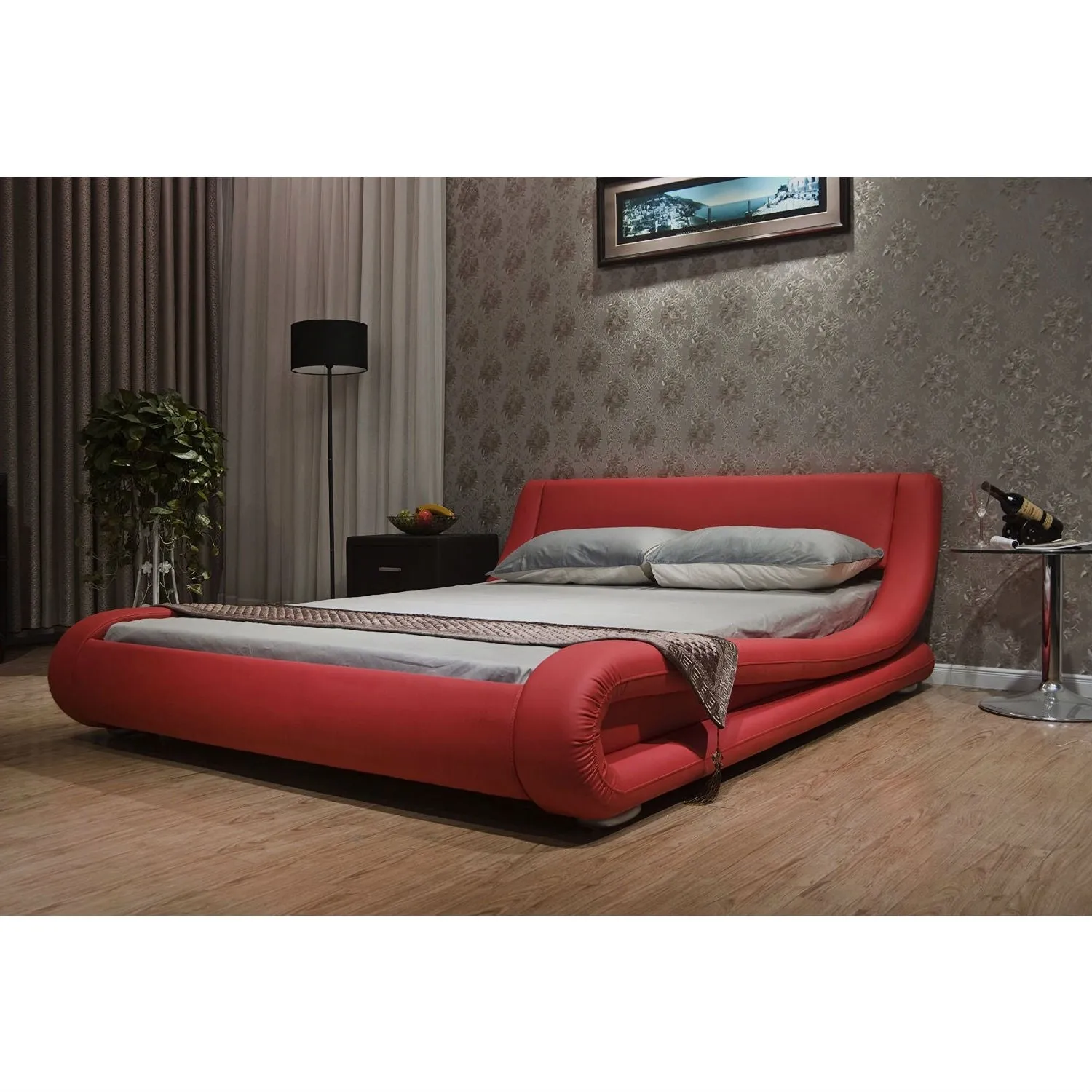 California King Red Faux Leather Upholstered Platform Bed with Modern Curved Headboard