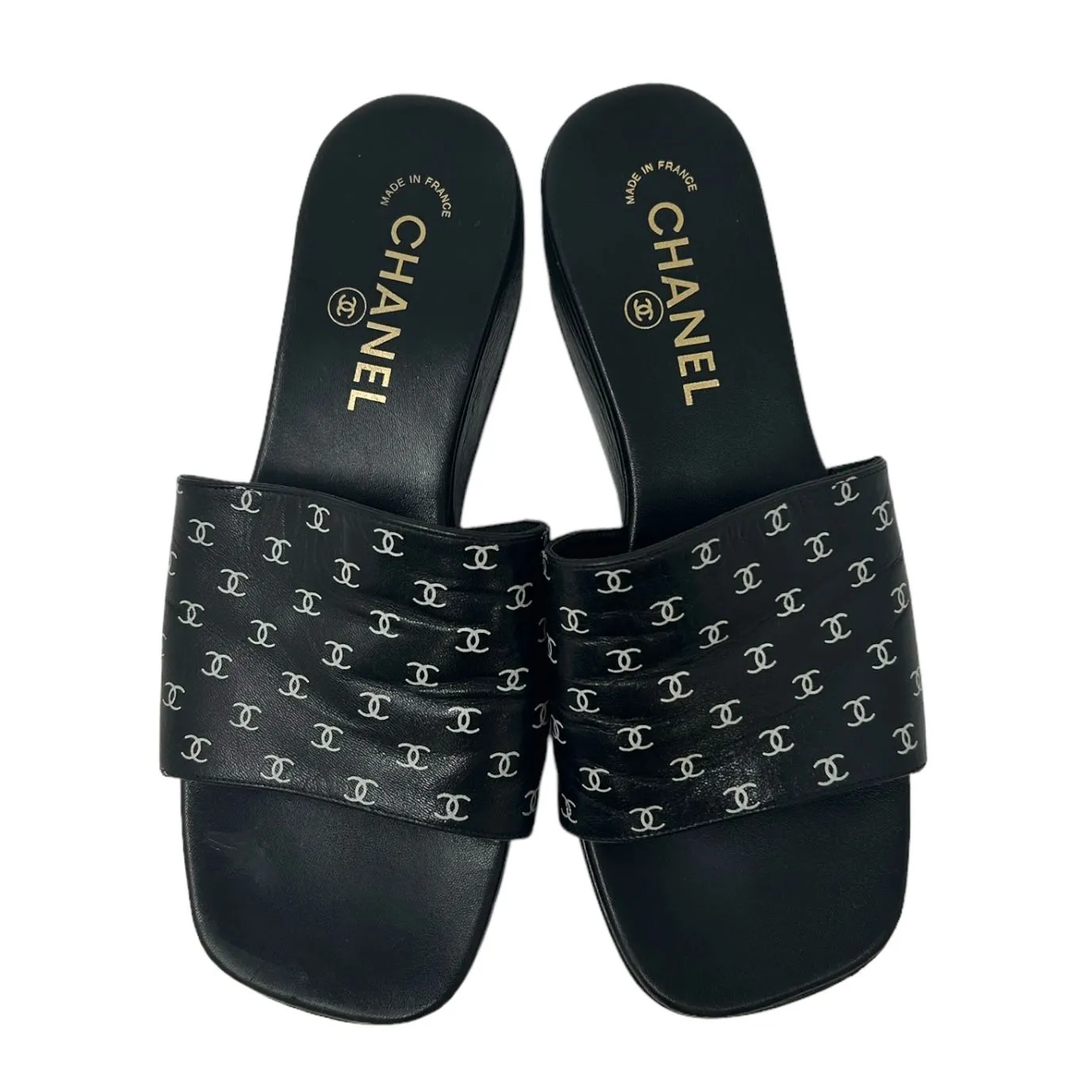 Chanel Black Logo Print Platform Heels