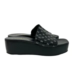 Chanel Black Logo Print Platform Heels