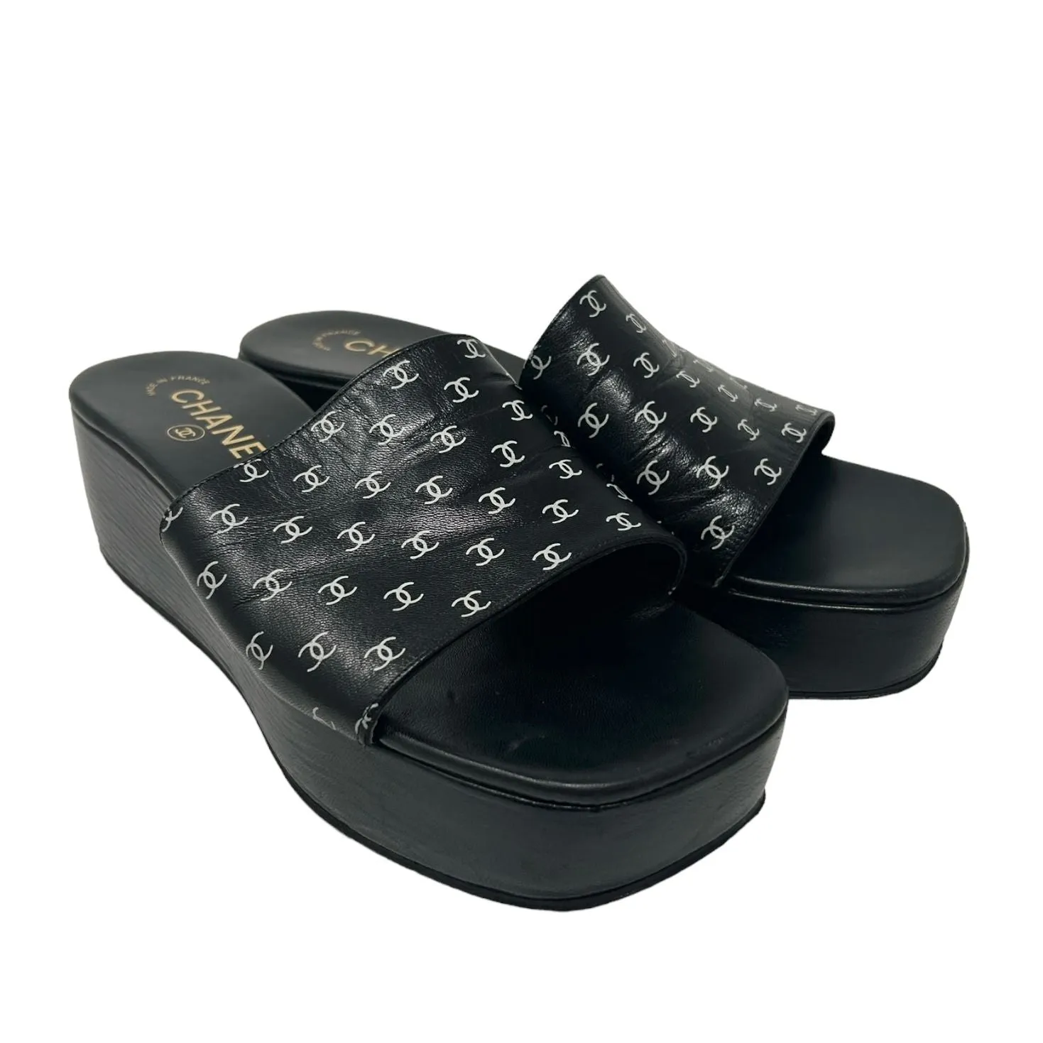 Chanel Black Logo Print Platform Heels