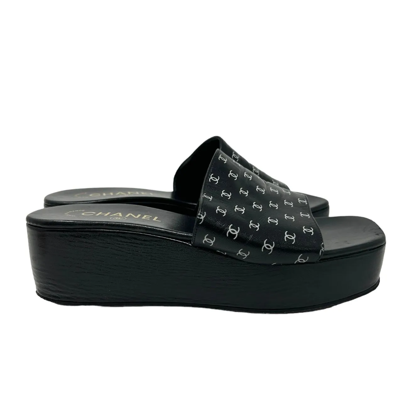 Chanel Black Logo Print Platform Heels