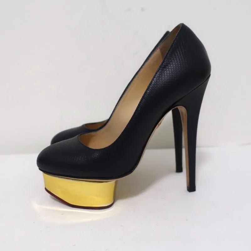 Charlotte Olympia Dolly Platform Pumps Navy Textured Leather Size 36