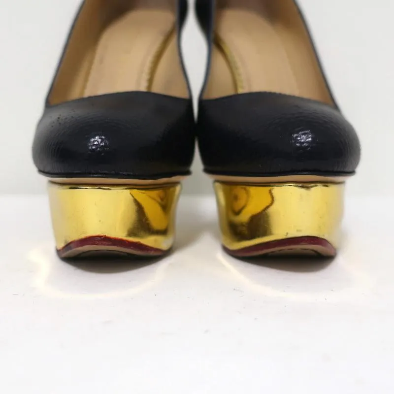 Charlotte Olympia Dolly Platform Pumps Navy Textured Leather Size 36