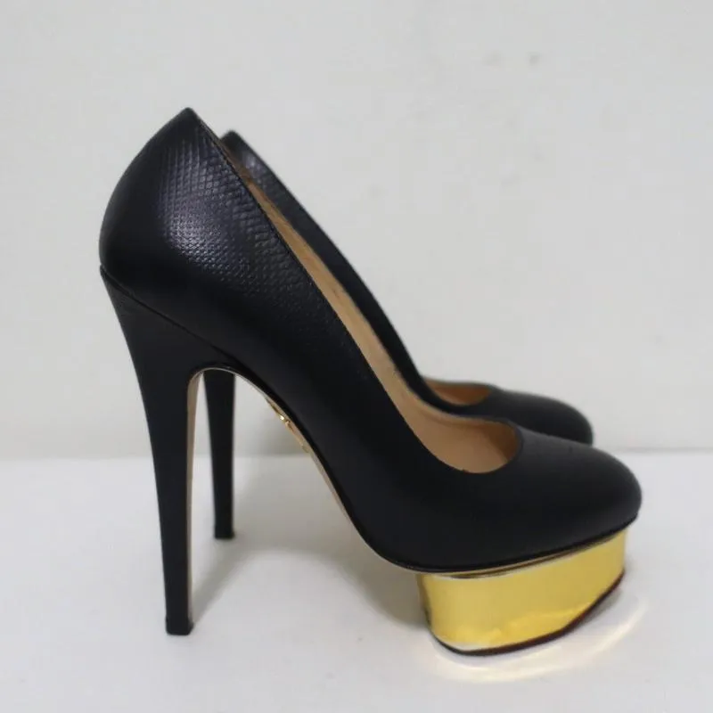 Charlotte Olympia Dolly Platform Pumps Navy Textured Leather Size 36