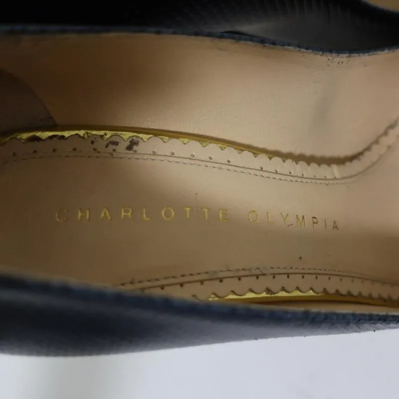 Charlotte Olympia Dolly Platform Pumps Navy Textured Leather Size 36