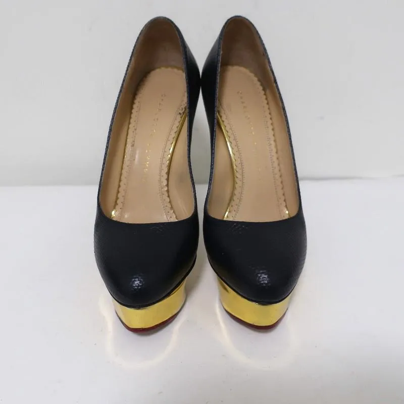 Charlotte Olympia Dolly Platform Pumps Navy Textured Leather Size 36