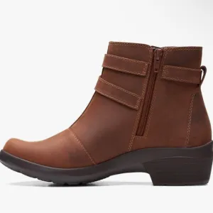 Clarks Womens Angie Spice Brown Leather Stacked Heel Ankle Boots Shoes S…