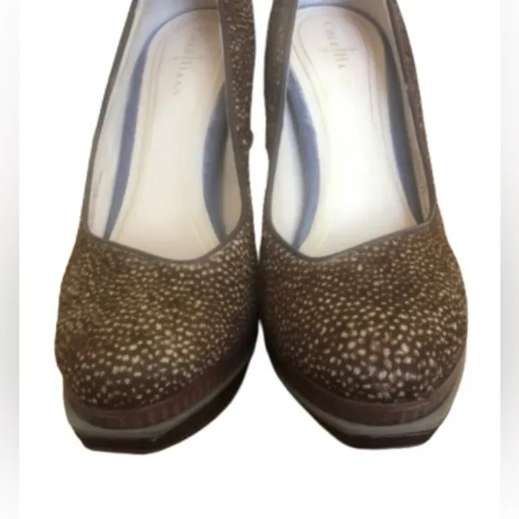 Cole Haan leopard print pony hair dble platform 4.5” patent heels SZ 6.5