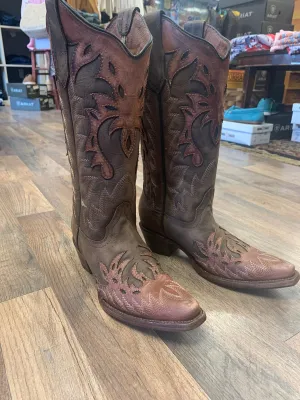 Corral Ladies Chocolate Overlay Embroidery Wing Snip Toe Boot