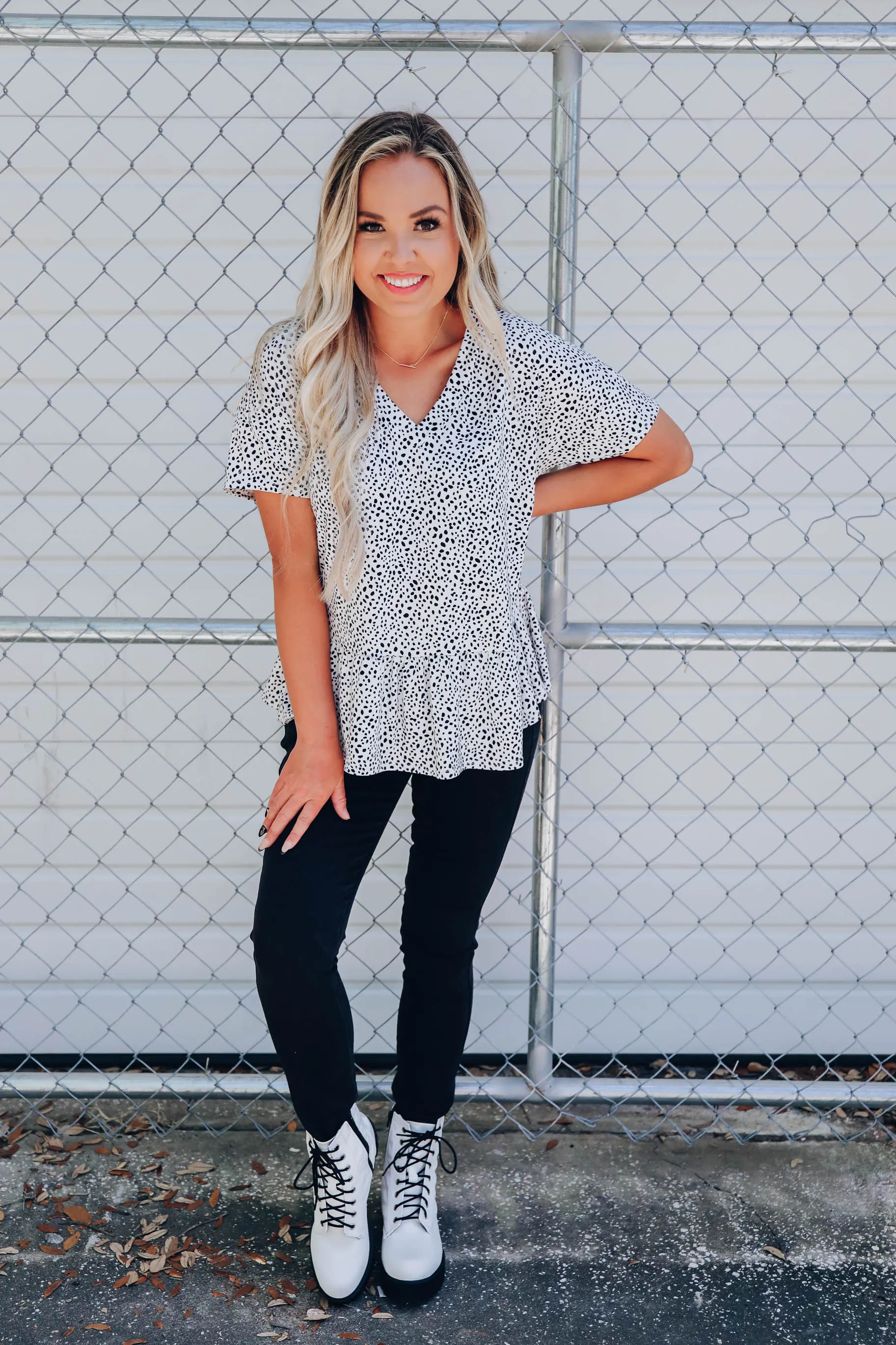 Dalmatia Dotted Ruffle Hem Top