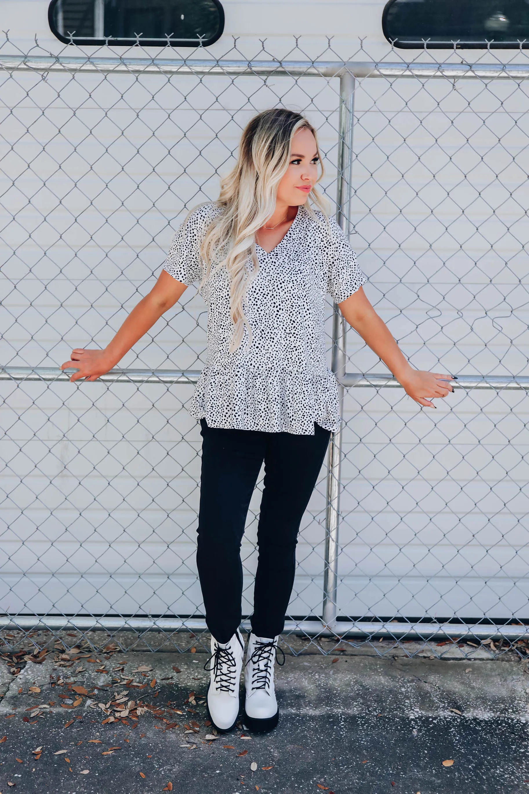 Dalmatia Dotted Ruffle Hem Top