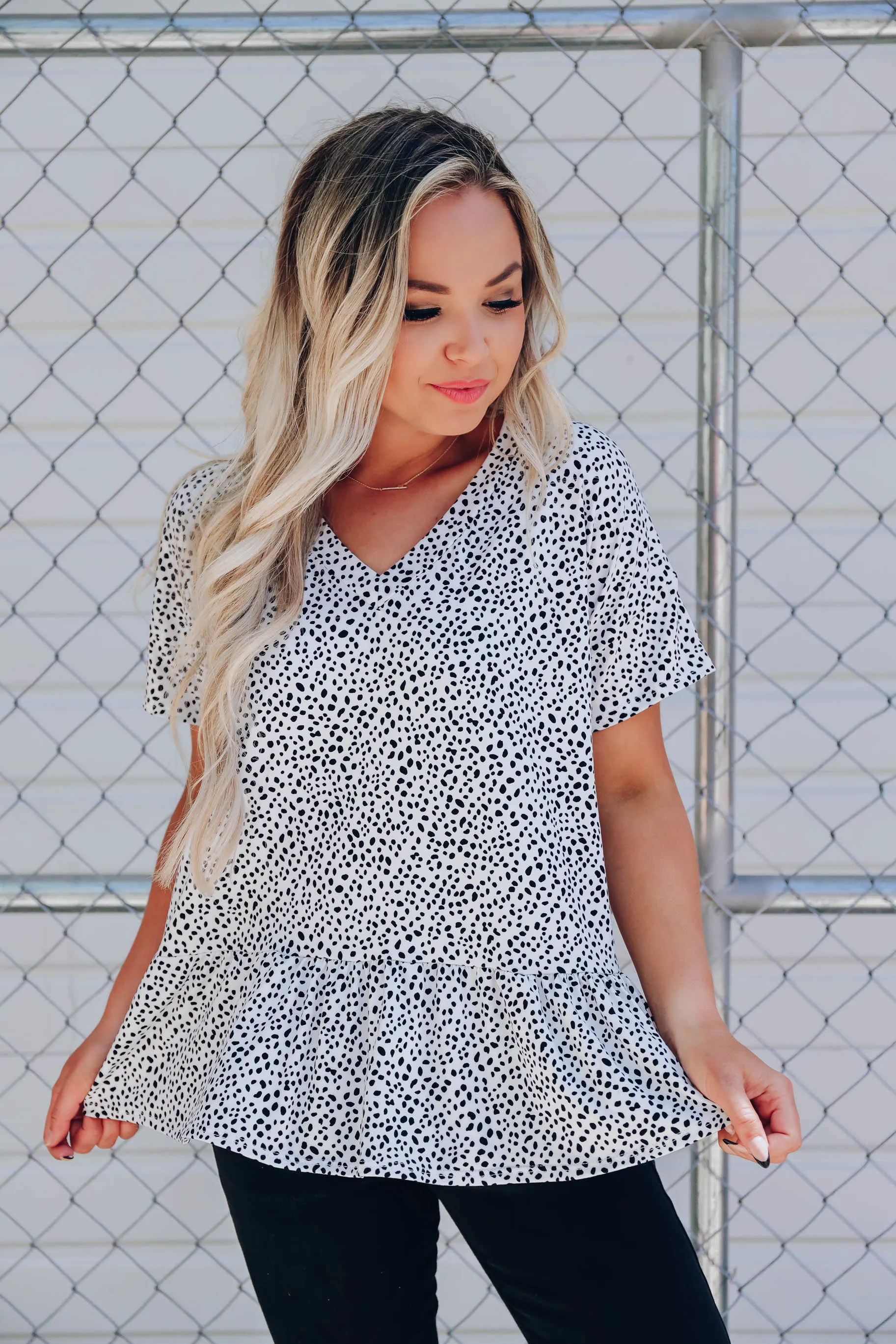 Dalmatia Dotted Ruffle Hem Top