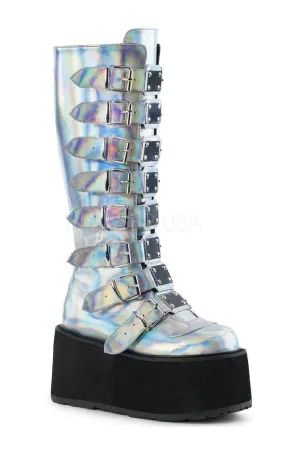 DAMNED-318 Demonia Knee Boot | Silver Faux Leather