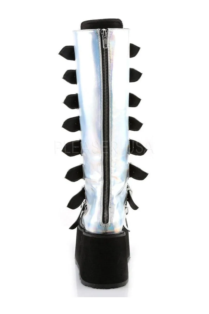 DAMNED-318 Demonia Knee Boot | Silver Faux Leather