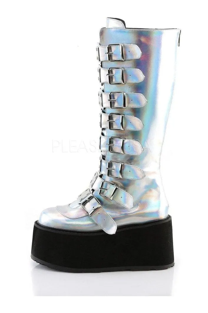 DAMNED-318 Demonia Knee Boot | Silver Faux Leather