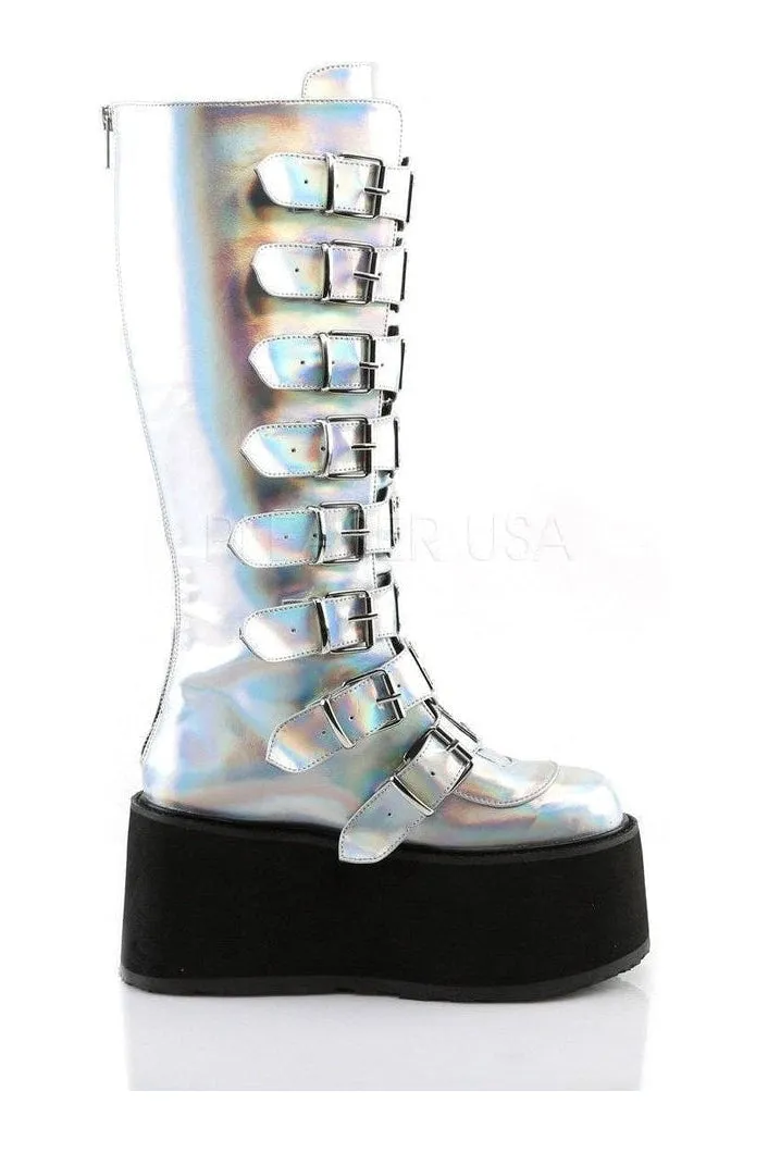 DAMNED-318 Demonia Knee Boot | Silver Faux Leather