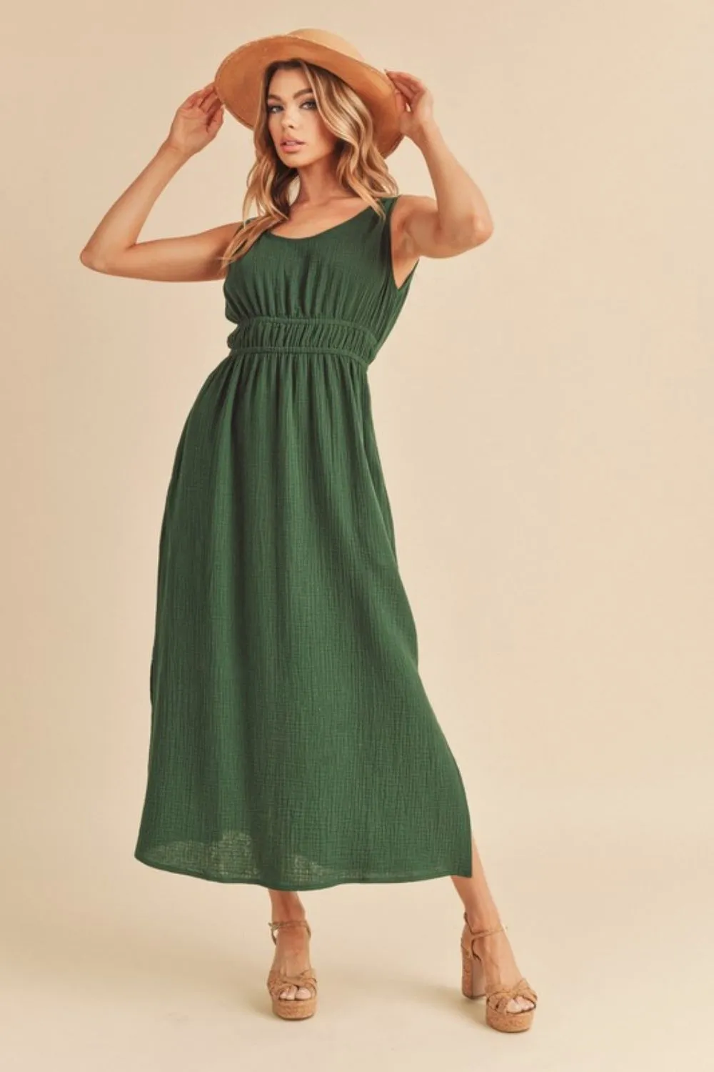 Dark Green Side Slit Round Neck Sleeveless Tank Dress