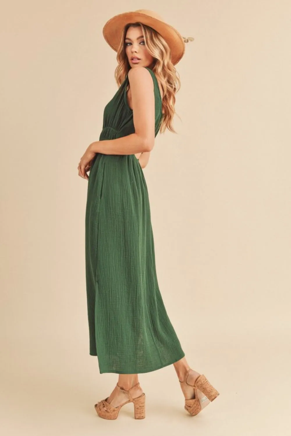 Dark Green Side Slit Round Neck Sleeveless Tank Dress